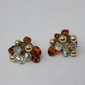 Vintage Cluster Earrings Amber Clear Beads Clip On Flattering Retro Look 1.25"